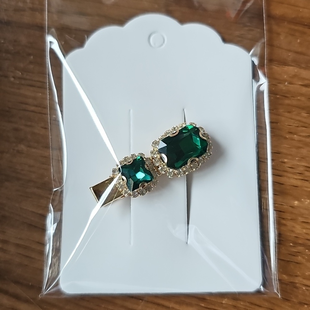 New Emerald Green Gem Hair Clip With Rhinestones - Alligator Clip